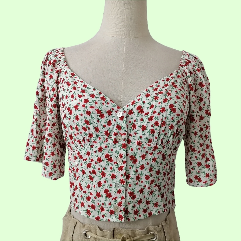 sz：xs～s, floral print short sleeve crop top